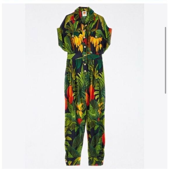 Farm Rio Jumpsuit Size Small Forest Green Print Wooden Buttons Summer Vacation F - Picture 4 of 14